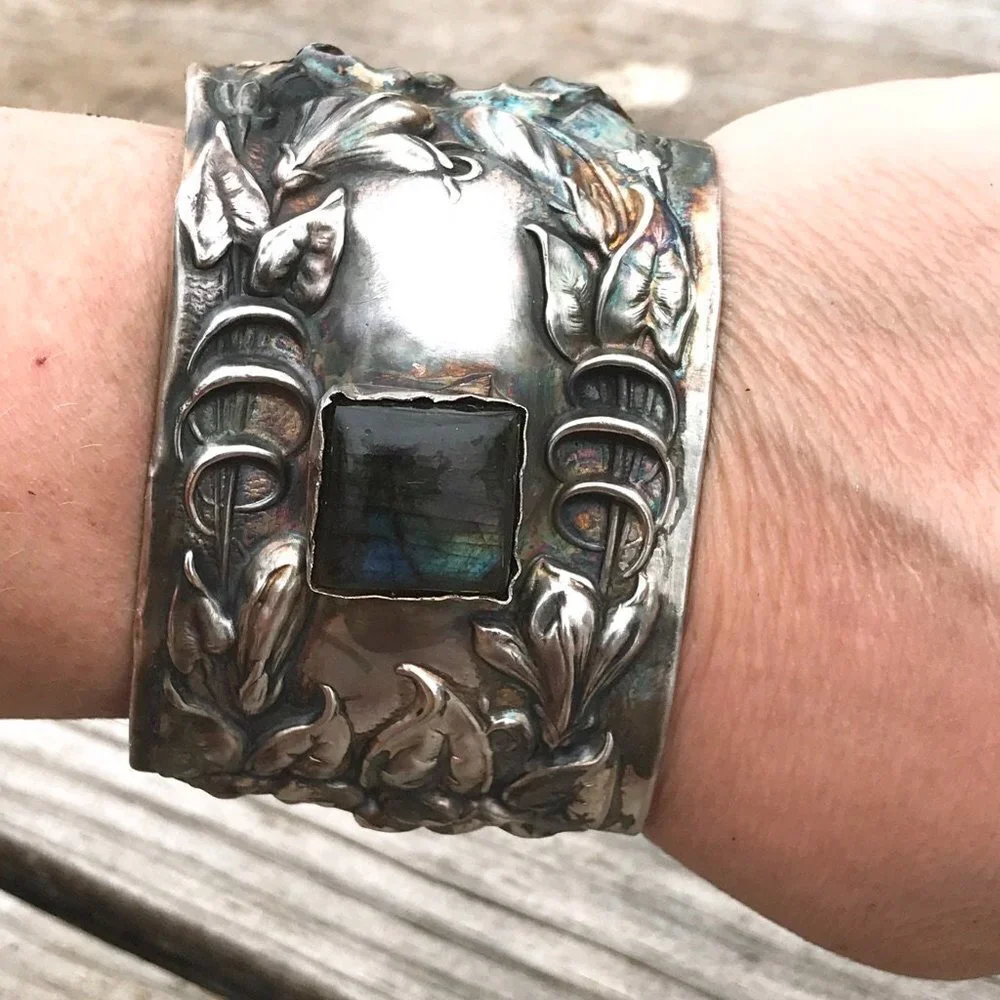 Labradorite Spectralite Sterling Silver 925 Cuff Bracelet Wide Floral Antique